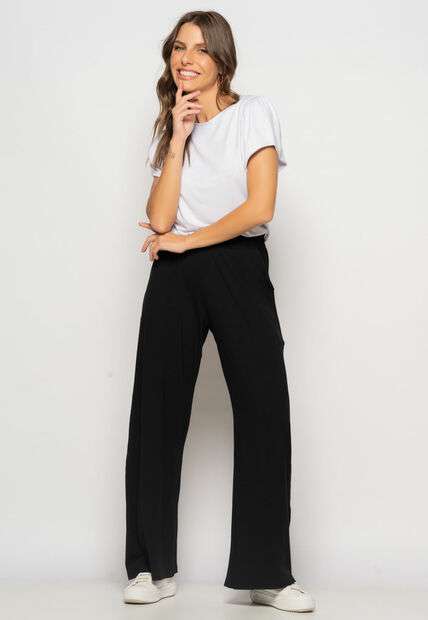 Calça Wide Leg Com Bolso Malha Preto Salvatore Fashion