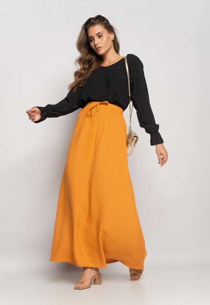 Blusa Gola V Manga Babado Viscolinho Preto Salvatore