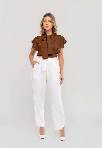 Blusa Feminina Com Laço na Gola e Manga Babado Marrom Salvatore