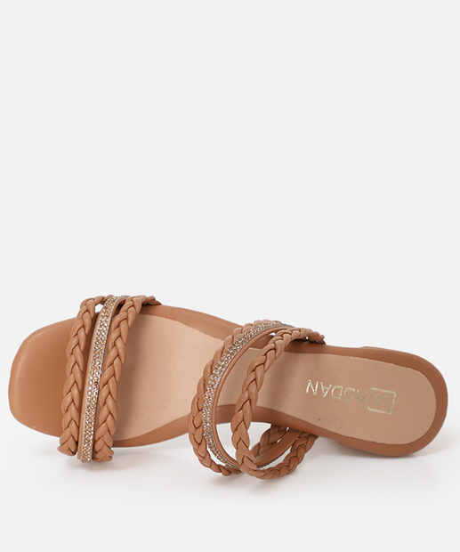 Tamanco Feminino Salto Grosso Tiras Strass Bege