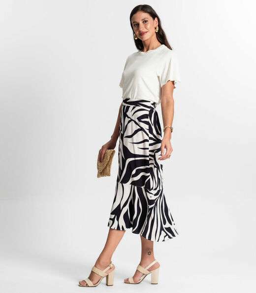 Saia Midi Estampada Rovitex Preto