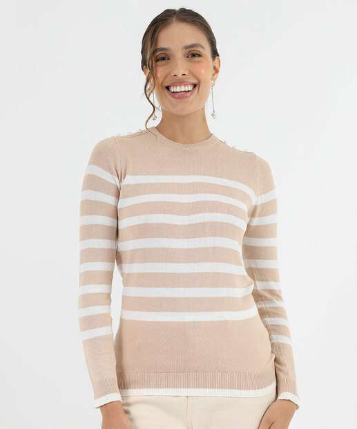 Image_Suéter Feminino Tricô Listrado Pérolas Marisa Bege