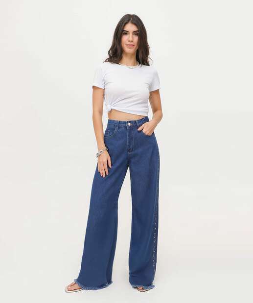 Calça Jeans Wide Leg Feminina Tachas Marisa