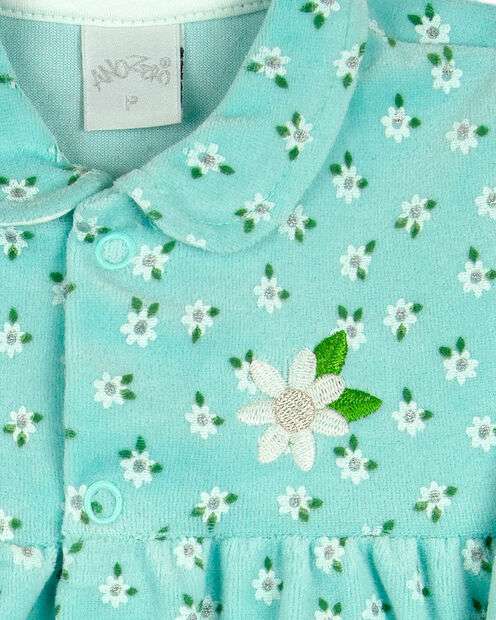 Macacão Bebe Menina Plush Estampado Floral Bordado de Flor - Verde