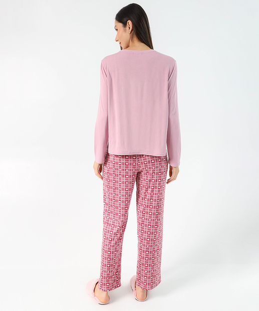 Pijama Feminino Estampa Xadrez Manga Longa Marisa Rosa