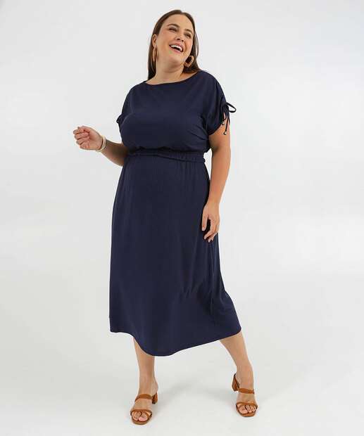 Vestido Plus Size Feminino Midi Canelado Colissê Marisa Azul