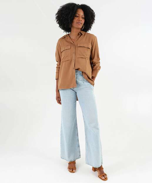 Camisa Feminina Manga Longa Bolsos Marisa Marrom