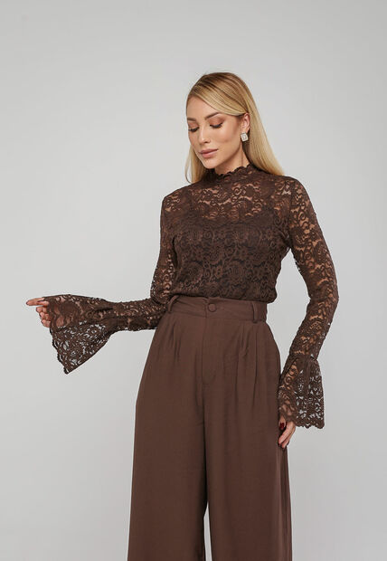 Blusa De Renda Com Manga Longa Flare Marrom Salvatore
