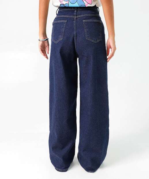 Calça Jeans Wide Leg Bolsos Feminina Azul
