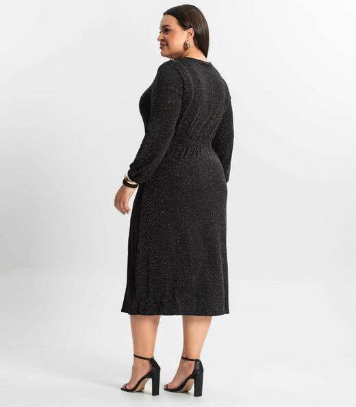 Vestido Midi Plus Size Manga Longa Secret Glam Preto