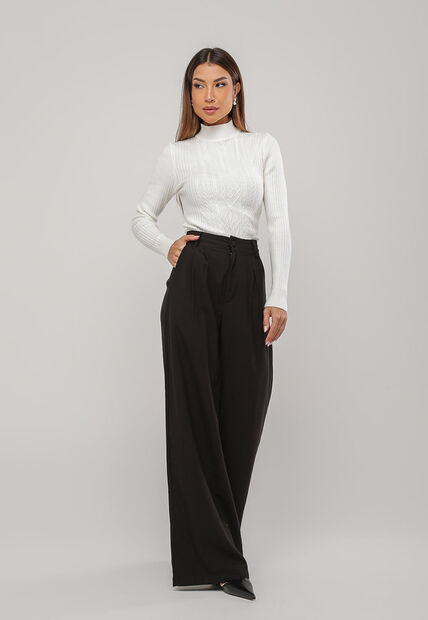 Blusa de Tricot Modal com Gola Alta e Manga Canelada Branco Salvatore