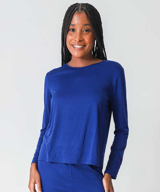 Pijama Feminino Liso Manga Longa Marisa Azul