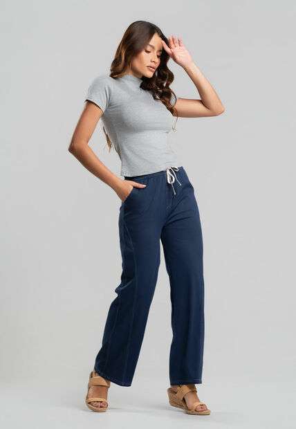 Calça Jeans Cintura Elástica e Amarração Jeans Escuro Salvatore