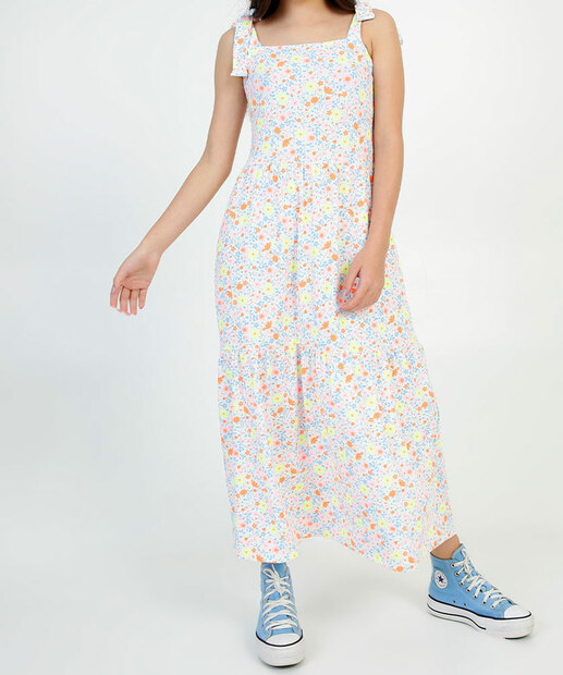 Vestido Juvenil Canelado Floral Amarração Marisa Tam 10 a 16