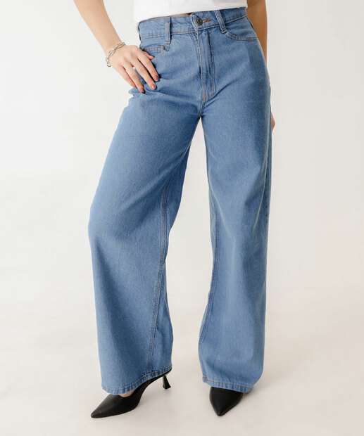 Calça Jeans Wide Leg Bolsos Feminina Marisa