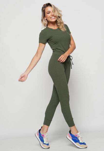 Blusa  Básica Manga Curta Malha Canelada Verde