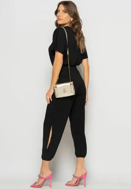 Conjunto Blusa Ampla Gola V e Calça Jogger Fenda Malha Preto Salvatore