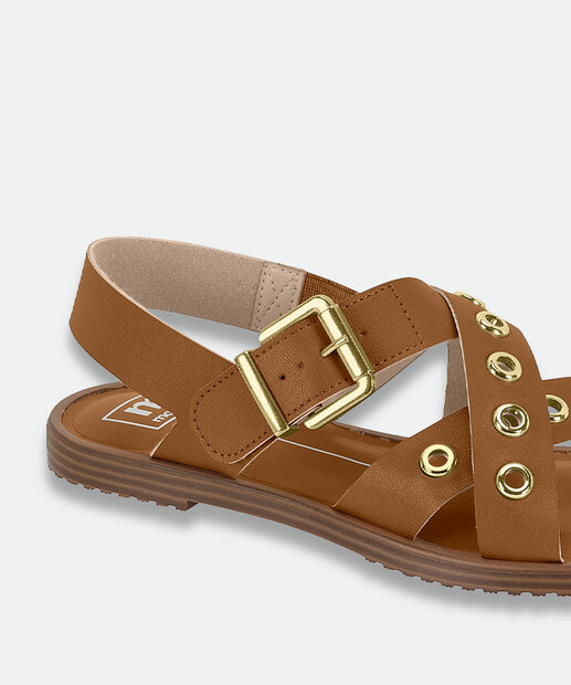 Sandália Feminina Rasteira Tachas Moleca Caramelo