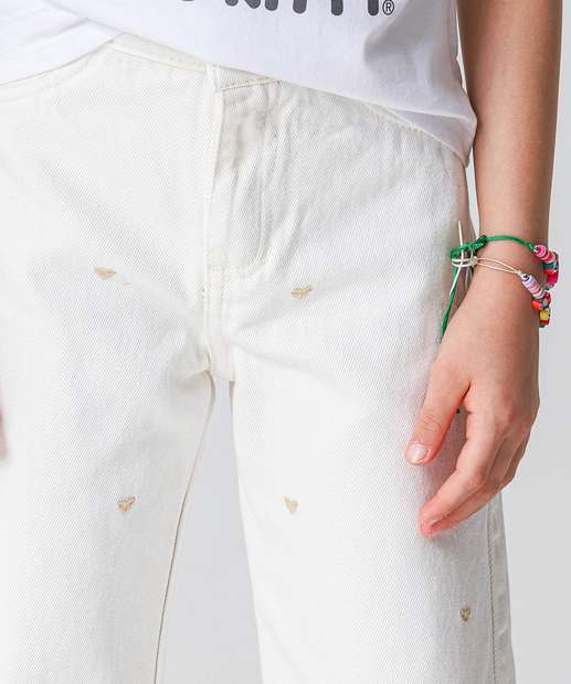 Calça Sarja Pantacourt Infantil Bordado Tam 4 a 8 Off White