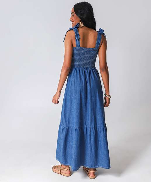 Vestido Jeans Longo Lastex Feminino Marisa Azul