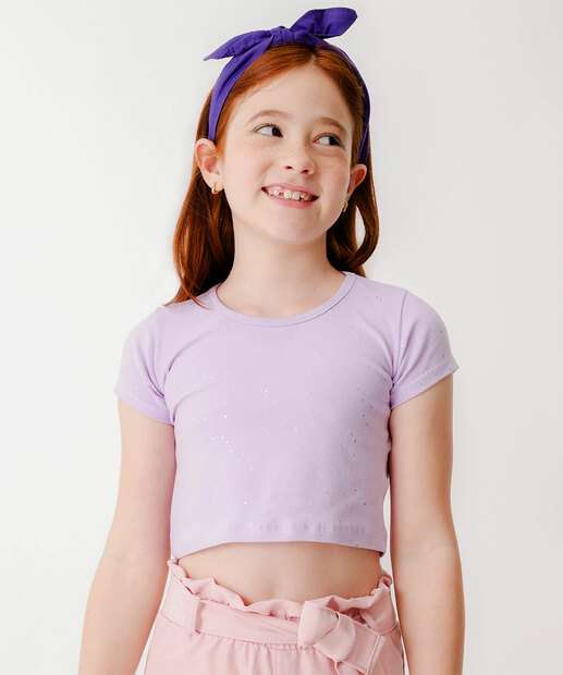 Blusa Infantil Cropped Glitter Manga Curta Tam 4 a 10