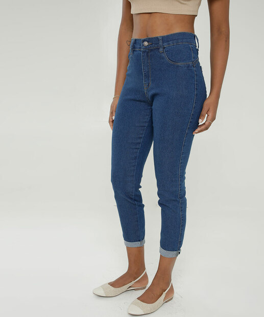 Calça Jeans Capri Feminina Cintura Alta Barra Dobrada  