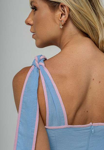 Vestido Midi Com Alças De Amarração e Acabamento Contrastante Azul Salvatore