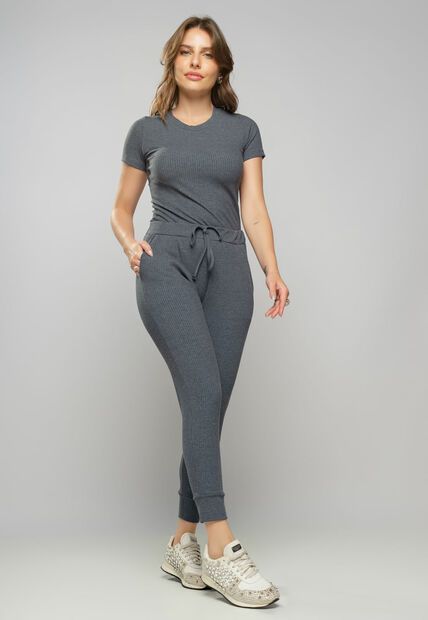 Blusa Comfy Básica Manga Curta Malha Canelada Grafite Salvatore Fashion