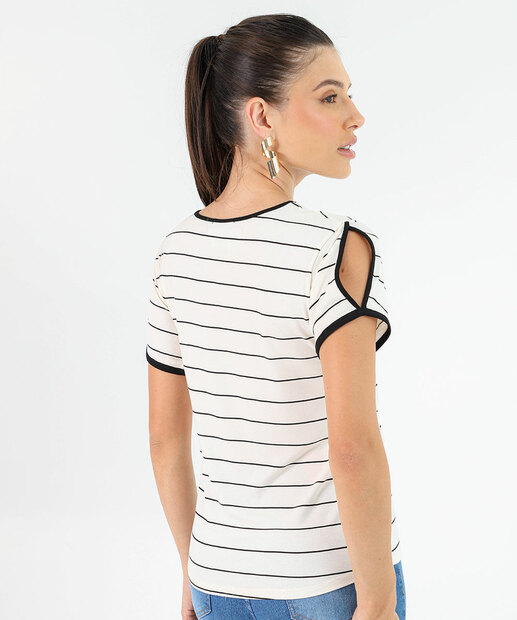 Blusa Feminina Viscolycra Listrada Manga Curta Vazada Marisa