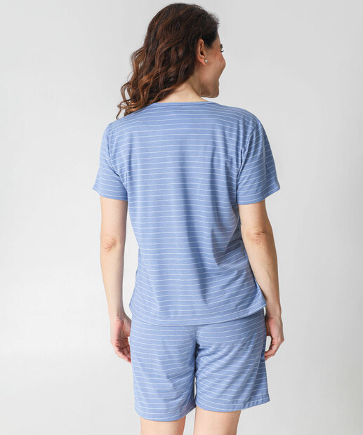 Pijama Feminino Listrado Manga Curta Marisa Azul