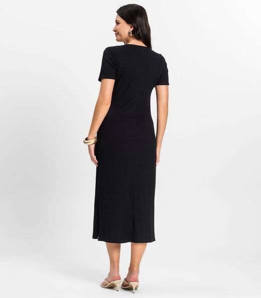 Vestido Midi Ribana Canelada Básico Rovitex Preto