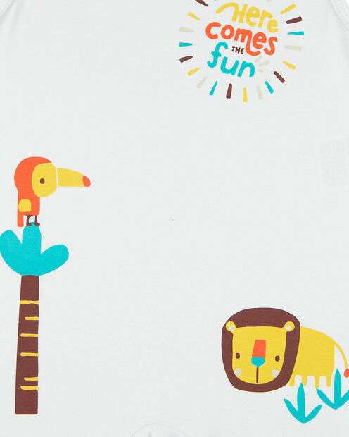 Macacão Bebê Menino Verão Sem Mangas Cotton Silk Screen Leão e Tucano - Branco