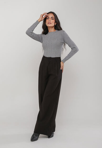 Blusa de Tricot Com Tramas Texturizada Cinza Salvatore