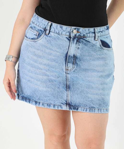 Saia Plus Size Feminino Jeans Strass Azul
