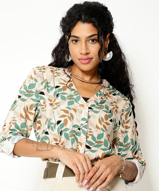 Camisa Feminina Estampa Folhas Manga Longa Marisa
