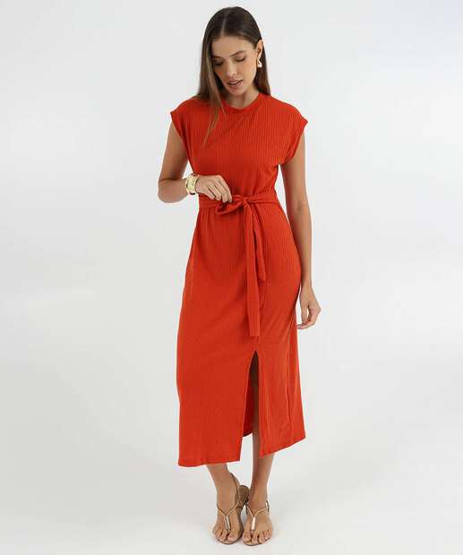 Vestido Feminino Canelado Midi Fenda Marisa Laranja