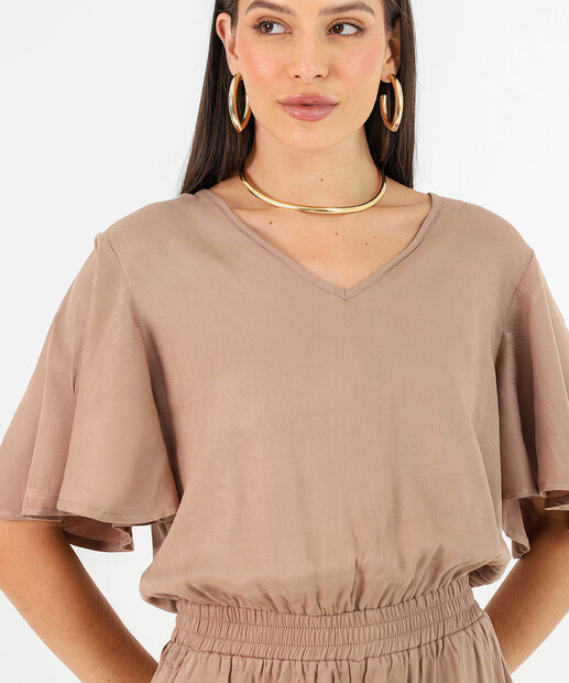 Macacão Feminino Jogger Manga Curta Marisa Marrom