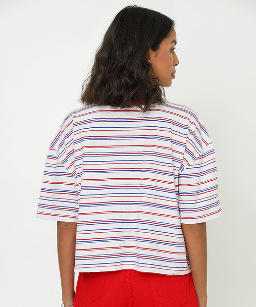 Blusa Feminina Listrada Manga Curta Snoopy Branco