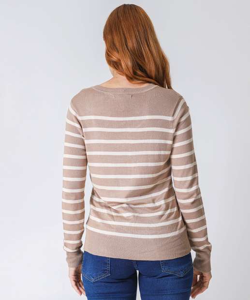 Suéter Feminino Listrado Gola V Marisa Bege