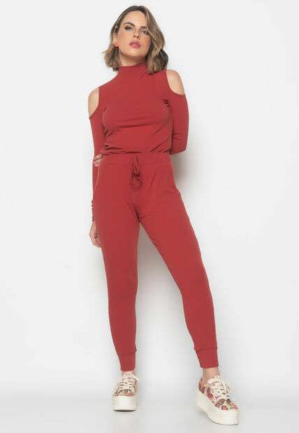 Conjunto Comfy Com Blusa Ombro Vazado M/L e Jogger Canelada Terracota Salvatore