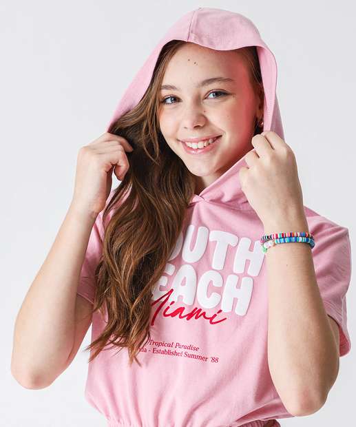 Blusa Juvenil Cropped Estampado Capuz Marisa Tam 10 a 16 Rosa