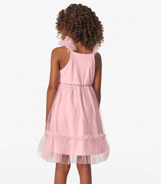 Vestido em Cotton Leve e Tule Trick Nick Rosa