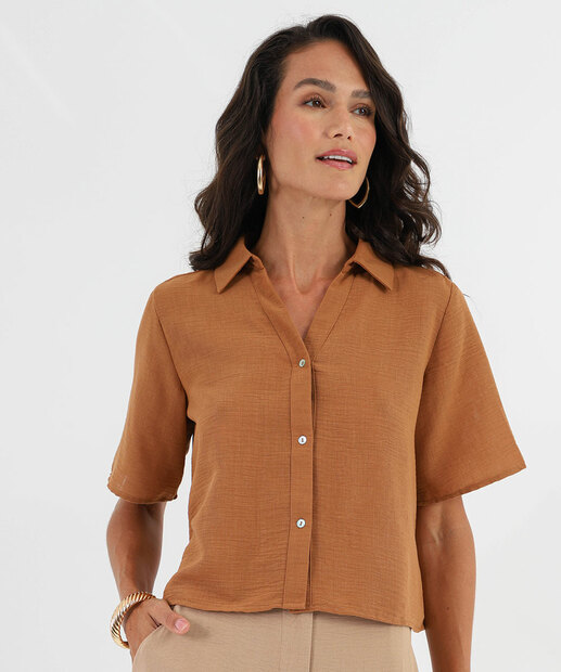 Image_Camisa Feminina Cropped Botões Manga Curta Marisa Marrom