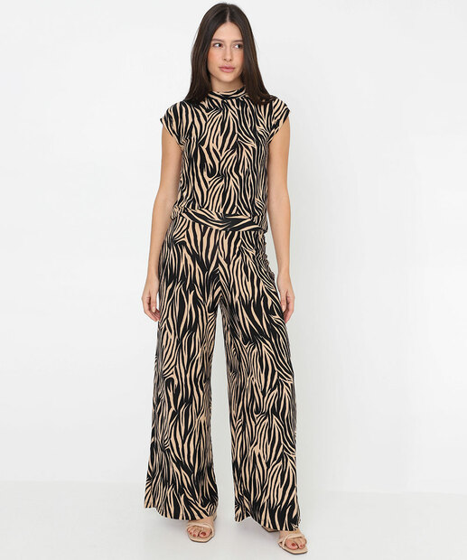 Blusa Feminina Animal Print Manga Curta Marisa Bege