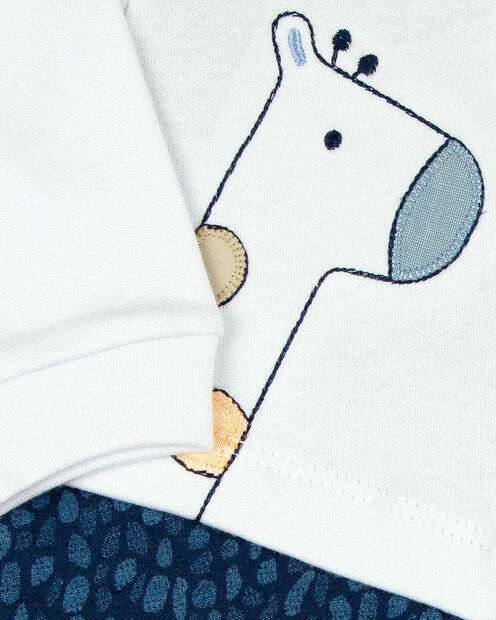 Macacao Bebe Longo Menino Suedine Estampado Bordados Aplicados Girafas - Marinho