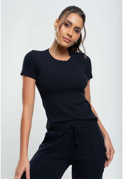 Kit 2 Blusas Básicas Manga Curta Canelada Preta e Branca Salvatore