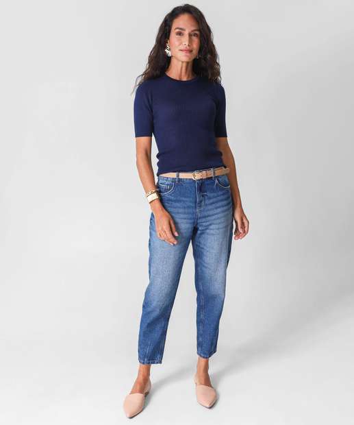 Blusa Feminina Canelada Manga Curta Marisa Azul