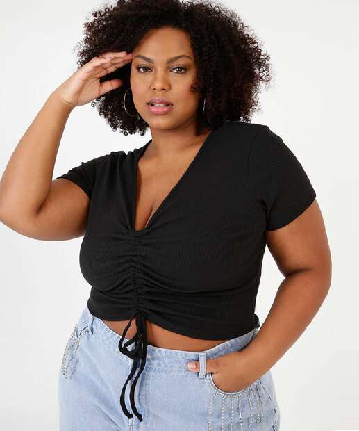 Blusa Plus Size Feminina Cropped Manga Curta Marisa