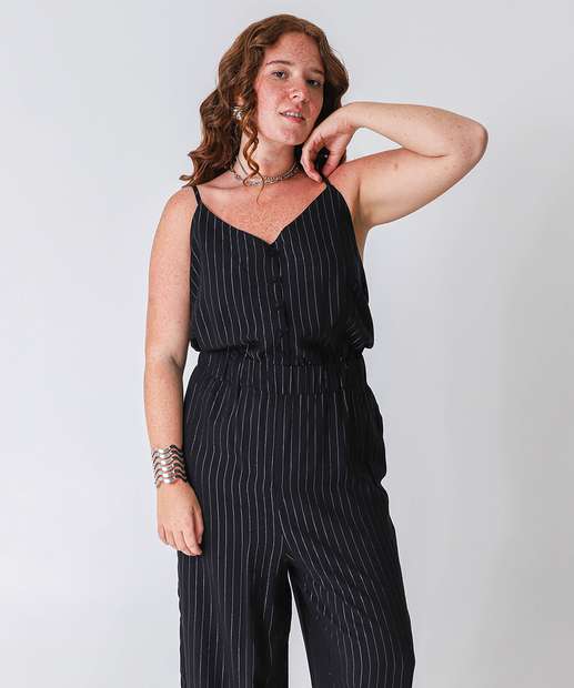 Macacão Plus Size Feminino Pantacourt Lurex Marisa Preto