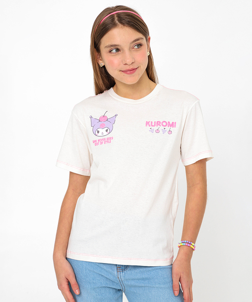 Blusa Juvenil Manga Curta Kuromi Sanrio Tam 10 a 16 Off White